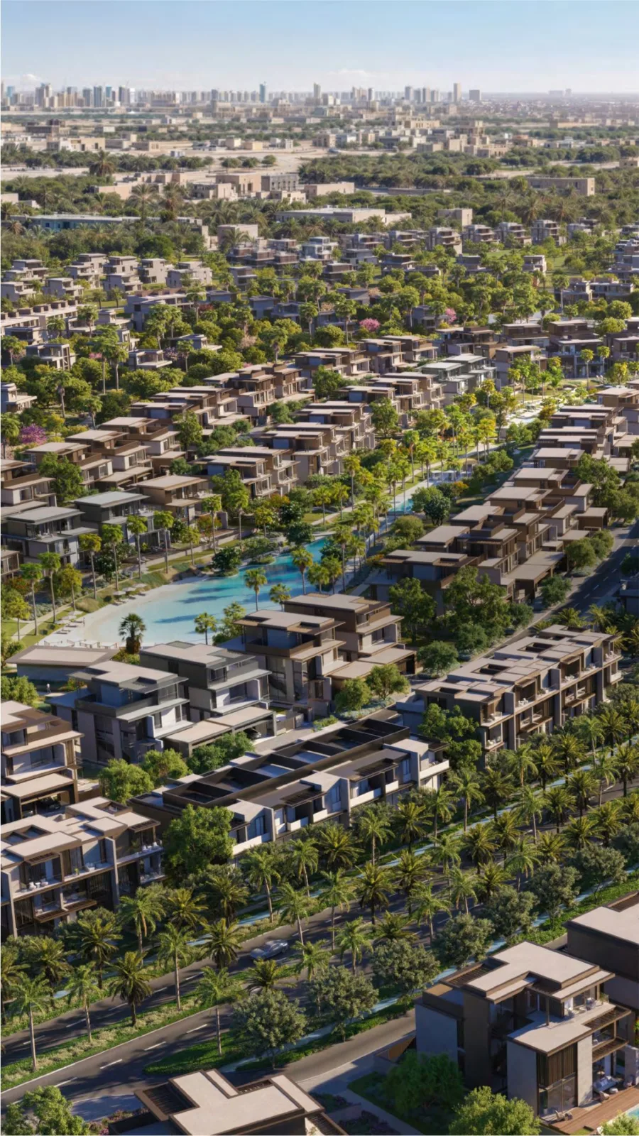 Aerial view of a landscaped luxury villa community